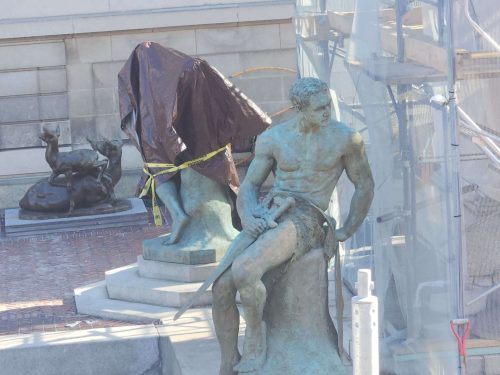 Dry Ice blasting cleaning a historic statue at a museum